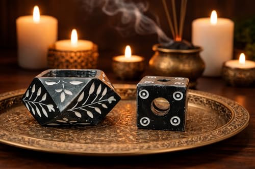 Image of Soapstone (Marble) Incense Stick Holder Agarbatti Stand Candle Holder Dhoop Stick Burner | for Pooja Puja at Mandir, Temple, Home, Office, Decorative Showpiece Black | Floral Carved