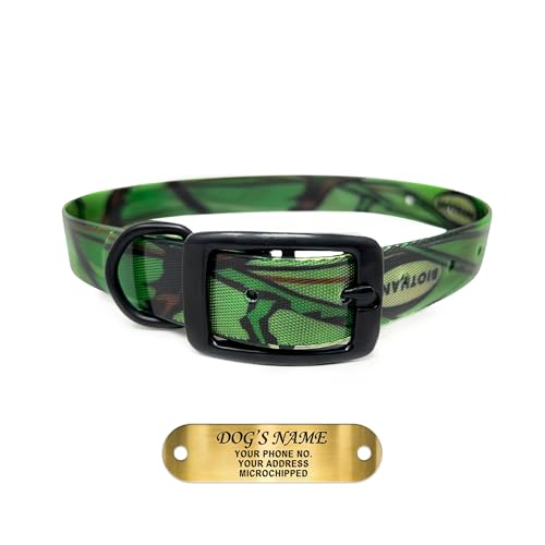 Regal Dog Products Medium Green Camo Hunting Dog Collar with Custom Engraved Name Plate and Heavy Duty Black Hardware | Waterproof Personalized Dog Collars | Other Sizes for Small, Medium & Large