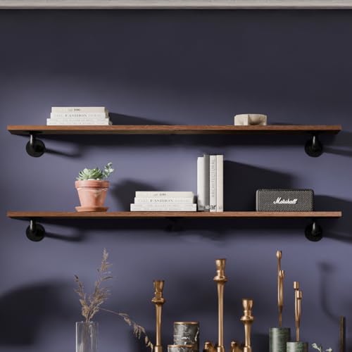 IEO Industrial Pipe Shelving Shelf Pipe Wall Shelves Wood Shelf:Kitchen Shelves 48 Inches Wood Long Floating Shelves for Wall Farmhouse Pipe Book Shelves Walnut for Decor and Bar Shelving