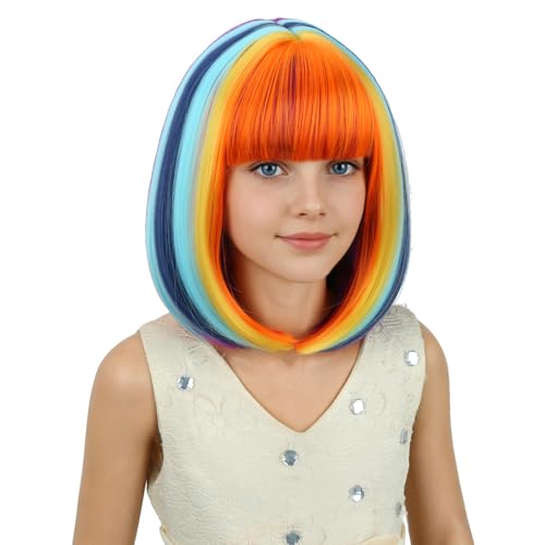Image of PATTNIUM Colorful Bob Wig Short Rainbow Straight Wig with Bangs Cosplay Party Synthetic Rose Net Daily Wear Wig