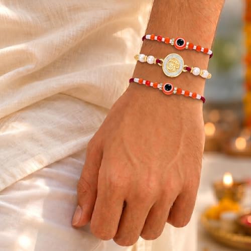 Image of Peora Evil Eye & Crystals Studded Rakhi for Brother Bhaiya | Red Thread | Raksha Bandhan Hamper with Roli Chawal Greeting Card