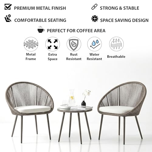 Image of BRISHI Garden Patio Seating Chair and Table Set Outdoor Balcony Garden Coffee Table Set Furniture with 1 Table and 2 Chairs Set with Cushion Braid & Rope (Black)