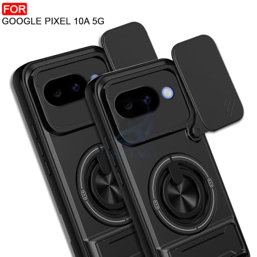 Image of AESTMO Google Pixel 10A 5G Back Cover | Armor Camera Slider 360 Degree Rotating Finger Ring Holder Case with Bracket Stand Back Case Cover (Compatible with MagSafe Accessories) (Black)