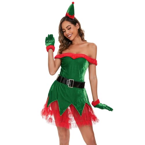 Tenue de Noël Femme Robe Mère Déguisement Lutin Costume de Fête Rouge et Vert