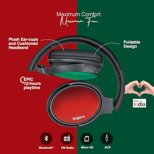 Image of FINGERS Sugar-n-Spice B3 Wireless On-Ear Headset (Contrasting Colour Earcups, India's First - TWS Dual Headphone Pairing Technology, 12-Hour Playtime, Bluetooth | FM | MicroSD | AUX, Make in India)