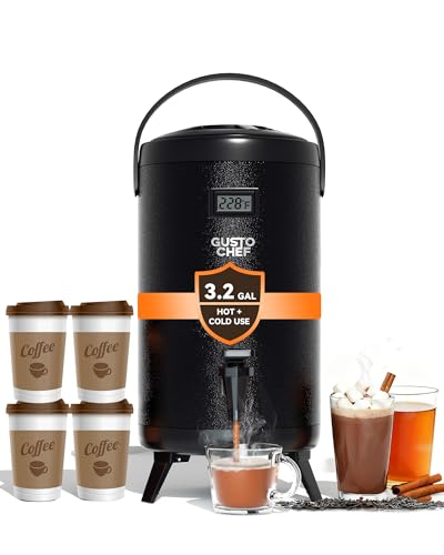GUSTOCHEF Insulated Beverage Dispenser 3 Gallon,Hot&Cold Drink Dispenser with Spigot,LCD Thermometer,Stainless Steel Triple-Layer Insulation,for Tea Coffee Milk Juice,Party Buffet(Black, 1 Pack)
