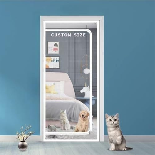 Chaexii Custom Size Self-Adhesive Door Screens, Cat Safety Net, Tear-Proof Balcony Bedroom Net with Zipper, Anti-Mosquito Insect Bugs Fly Screen Door Net