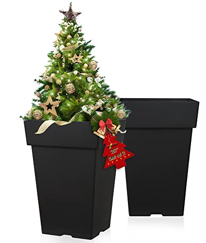 kubvici 20 Inch Tall Planters for Outdoor Indoor Plants, Set of 2 Large Plastic Plant Pots Flower Pot Outdoor Planter for Front Porch Door Balcony Deck with Drainage, Black 20´´