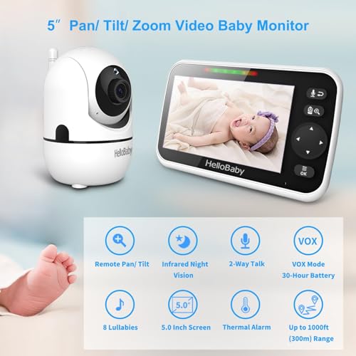 hellobaby no wifi baby monitor 534 screen 30-hour battery pan-tilt-zoom video upgrade with camera and audio night vision vox 2-way talk 8 lullabies and 1000ft range hb6550