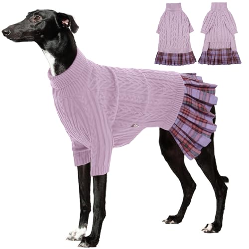 IECOii Girl Dog Sweater Dress - Cable Knit Dog Sweater for Medium Dogs Girl, Purple,Large - Turtleneck Winter Sweaters with Leash Hole, Soft & Stretchy Adorable Dress for Thanksgiving Christ