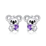 Pendientes de tuerca de plata de ley 925 con diseño de animales de koala con corazón y circonita cúbica, regalos para mujeres y niñas, Plata de ley, Circonia cúbica