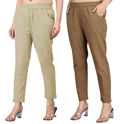 Image of Regular Fit Fully Elastic Waist Ankle Length Premium Cotton Casual Trouser Pant (Combo Pack of 2)