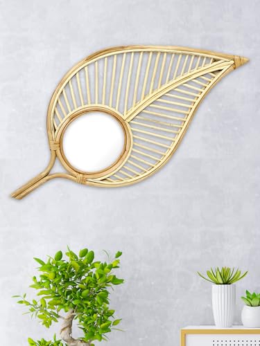 Habere India-All the Cultures Fabricating India Wall Mirror with Leaf Design | Rattan Frame for Living Room Décor | Bamboo Decorative Wall Mirror (Length 100 CM, Width 45 cm)