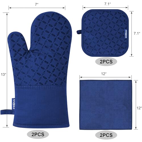 Image of KEGOUU Oven Mitts and Pot Holders 6pcs Set, Kitchen Oven Glove High Heat Resistant 500 Degree Extra Long Oven Mitts and Potholder with Non-Slip Silicone Surface for Cooking(Marine Blue)
