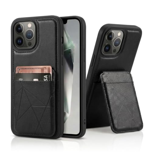 Image of amazon basics Premium Vegan Leather Back Cover with Card Holder and Integrated Mobile Stand for iPhone 14 Pro Max - Slim Shockproof Wallet Case with Geometric Stitching [Black]