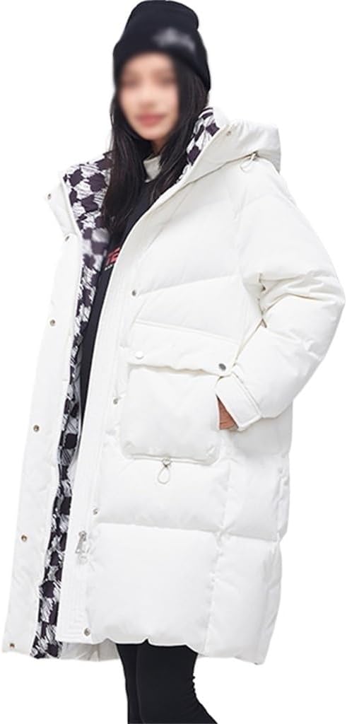 Autumn And Winter Women's Mid-length Hooded Down Jacket Shoulder Sleeve Casual Checkerboard Splicing
