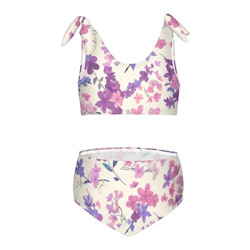 KLL Lilac and Pink Flowers Girl Two Piecing Bikini Sets Quick-Dry Swimsuit Swimwear Cute Shoulder Strap