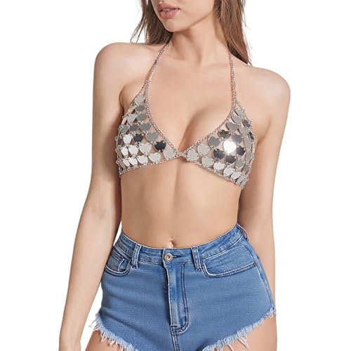 Haut de bikini sexy en acrylique doré avec paillettes sans manches femme