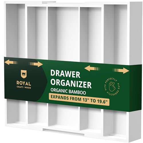 ROYAL CRAFT WOOD Luxury Bamboo Kitchen Drawer Organizer - Silverware Organizer - Utensil Holder and Cutlery Tray with Grooved Drawer Dividers for Flatware and Kitchen Utensils (5 Slot, White)