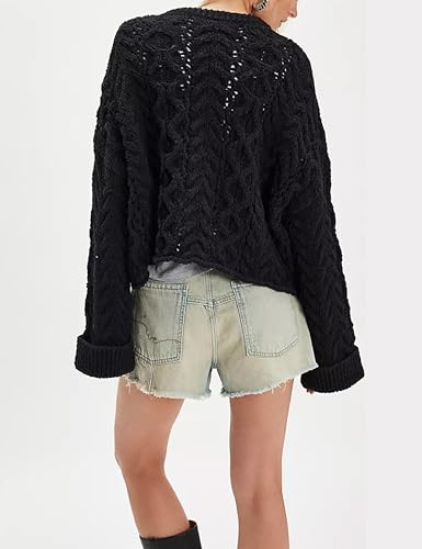 Women's Chunky Cable Knit Sweater Casual Long Sleeve Crewneck Crochet Pullover Boho Fall Winter Tops4