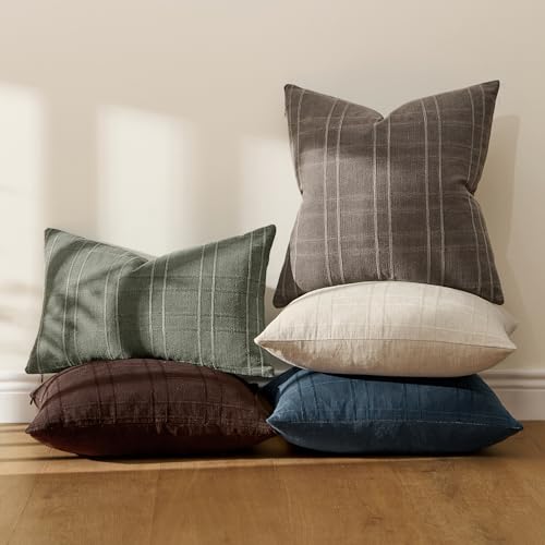 Image of MIULEE Decorative Linen Check Throw Pillow Covers Neutral Farmhouse Vintage Pillow Covers 20x20 Set of 2 Boho Modern Winter Home Decor for Sofa Couch Bedroom Cushion Dark Brown