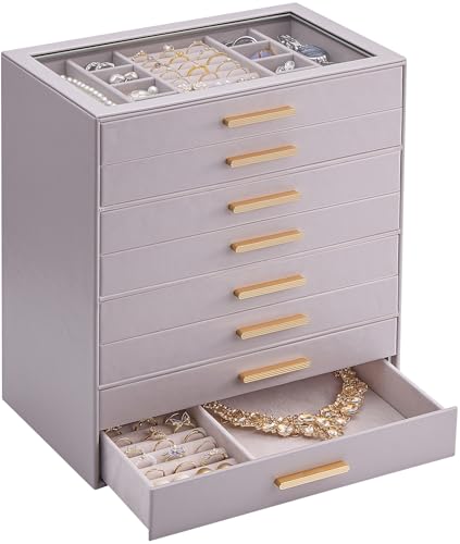 Lolalet Caja Organizadora de Joyas de 8 Niveles con Tapa de Vidrio, Joyero para Anillos Pendientes Pulseras y Collares, Estuche de Almacenamiento para Mujer y Niña, Regalo Elegante – 8 Capas, Morado