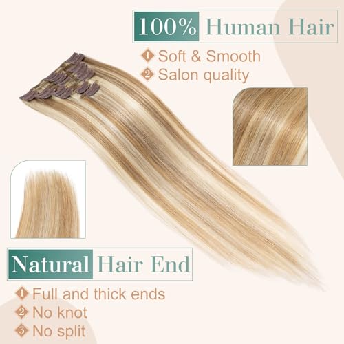 Image of Benehair Clip in Hair Extensions Real Human Hair 8pcs 12inch Remy Human Hair Extensions Straight Hair Extensions Ombre Light Brown Mixed Bleach Blonde
