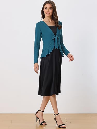 Image of Allegra K Women's Tie Front Sweater Dressy Casual Cardigan Draped Ruffle Shrugs for Women Dresses X-Large Blue Green