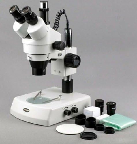 Image of Amscope SM-2TZ-M Digital Professional Trinocular Stereo Zoom Microscope, WH10x Eyepieces, 3.5X-90X Magnification, 0.7X-4.5X Zoom Objective, Upper and Lower Halogen Lighting, Pillar Stand, 110V-120V, Includes 0.5X and 2.0X Barlow Lenses and 1.3MP Camera with Reduction Lens and Software