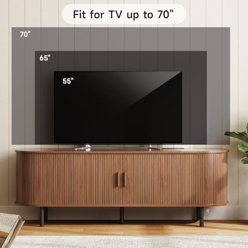 Image of ONBRILL 63 inch TV Stand with Power Outlet for TVs up to 70 Inch, Entertainment Center with Storage and Adjustable Shelves, Modern Media Console with Sliding Doors for Living Room, Walnut