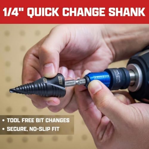 Image of NEIKO 10629B Step Drill Bit, 2 Steps 7 /8 inch to 1-1 /8 inch Spiral M35 Cobalt, AlTiSiN Coated, 1 /4 inch Quick Change Step Bits for Steel, Metal, Wood, Plastic, Unibit Cone Drill Bits, Two Flute