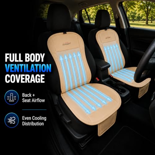 Image of Car Ventilated Cooling Seat Cushion Cover with 10 Powerful Fans & 3 Adjustable Cooling Levels, Breathable Fabric + Beige Leather Universal Fit for All Cars, Large Airflow