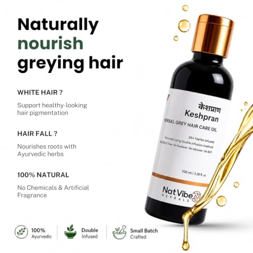 Image of Keshpran Grey Hair Oil for Men & Women | Supports Premature Grey Hair Care, Hair Nourishment & Scalp Health | With 26+ Ayurvedic Herbs | Herbal Hair Oil | 100ml