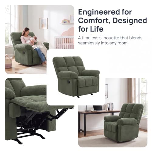 Image of Queen Manual Rocker Recliner Chair with Adjustable Backrest, Green
