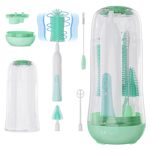 Image of VSTM Electric Travel Baby Bottle Brush Set, Electric Bottle Cleaner, Silicone Water Bottle Brush, Nipple & Straw Brush, Milk Frother and Drying Drainage Rack (Green)