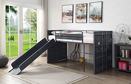 Judariy Votiko Cargo Junior Loft Bed with Bed Base, Slide & Ladder, Contemporary Metal Junior Bunk Bed, Black Twin Loft Bed, Space-Saving & Fun, Kids