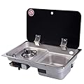LIAPDG Gas Burner with Sink Combo, RV Oven Stove Combo Camper Stove Three-Dimensional Air Intake Structure 4 Mm Thick Tempered Glass Stainless Steel Drip Tray for Boat Caravan Camper with Glass Lid