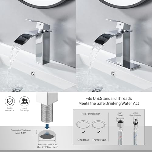 GENBONS Chrome Bathroom Faucet Waterfall Single Handle Bathroom Sink Faucet with Metal Pop-up Drain, Bathroom Faucet One Hole or 3 Hole with Deck Plate