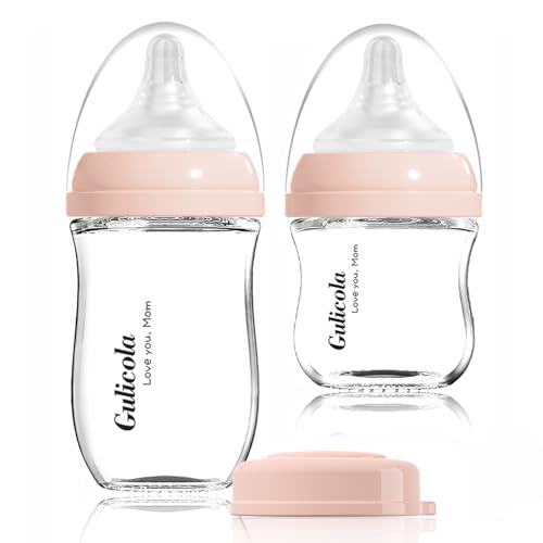 Image of Gulicola Natural Glass Baby Bottle Newborn Set, 3 oz and 5 oz with Extra Slow Flow & Slow Flow Nipple, Anti Colic, 0-3 Months, 2 Pack - Pink