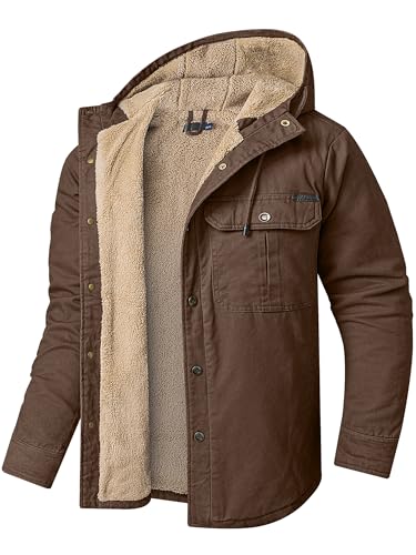 Mr.Stream Men's Hooded Coat Casual Thicken Work Sherpa Lined Fleece Snap Shirt Jacket 3255 Brown L
