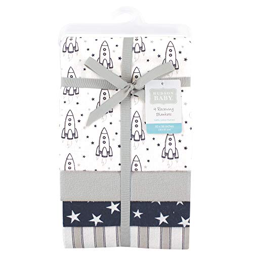 Image of Hudson Baby Unisex Baby Cotton Flannel Receiving Blankets, Rocket Ship, One Size