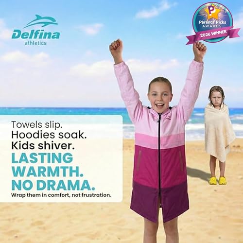 Delfina Kids Swim Parka Age 9–14 Years, Removable Sleeves Unisex Youth Swim Jacket, Water & Wind-Resistant Fleece-Lined Poolside Parka | Hood & Double Zipper | Pink - image 3
