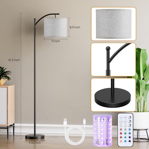 Image of Battery Operated Floor Lamp, RGB Dimmable Cordless Standing Lamp with Remote Control for Living Room, Tall Floor Lamp for Bedroom -Black