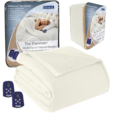 Shavel Home Products Micro Flannel Queen-Size Heated Electric Blanket with Sherpa, Machine Wash & Dry, Timer & Safety Shutoff, 90Lx84W, Toile Wedgewood Cover