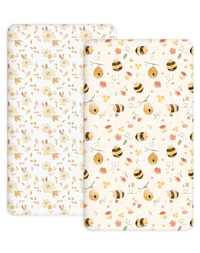 Image of Pack and Play Sheets 2 Pack, Fitted Jersey Knit Mini Crib Sheets for Baby Boys and Girls, Compatible with Graco Pack N Play and Mini Crib Mattress (Honeybee Dreams, Pack N Play /Mini Crib Sheets)
