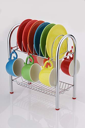 Theonus 2 Layer Stainless Steel Kitchen Dish Rack Plate Cutlery Stand/Kitchen Storage Rack Dish Drainers Rust Free Chrome Plated Cup and Saucer Stand/Holder for 6 Cups, 6 Plates(Small Size : 25cm*28cm*17cm)
