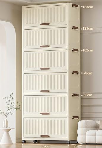 Image of House of Quirk 6-Tier Storage Cabinet with Wheels - Durable Plastic Foldable Wardrobe Organizer with Multiple Compartments, Perfect for Bags, Clothes, and Living Room Storage (Cream)