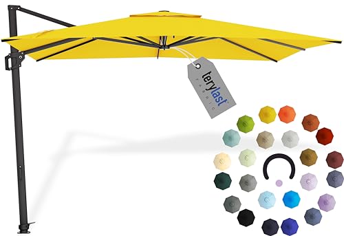 MIDTOWN UMBRELLAS The Grande Square 9 x 9 FT Outdoor Cantilever Patio Umbrella w/Terylast Sunflower (Yellow) Polyester Fabric – 8 Rib Frame Offset w/Tilt & 360° Rotate Pedal System – Black Frame