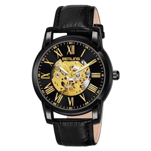 Image of Benling Skeleton Analog Automatic Watch for Men, Mechanical Movement, Leather Strap, Formal Casual Party Official Purpose