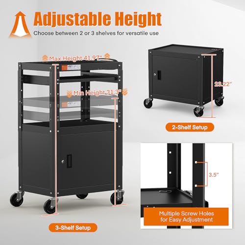 Image of Steel Large AV Cart with Extra Storage - Adjustable Height Cart with Locking Cabinet, Pullout Tray, Power Strip, and Cord Management - Holds 300 lbs and Easy to Assemble (24'' x 18'' x 42'')